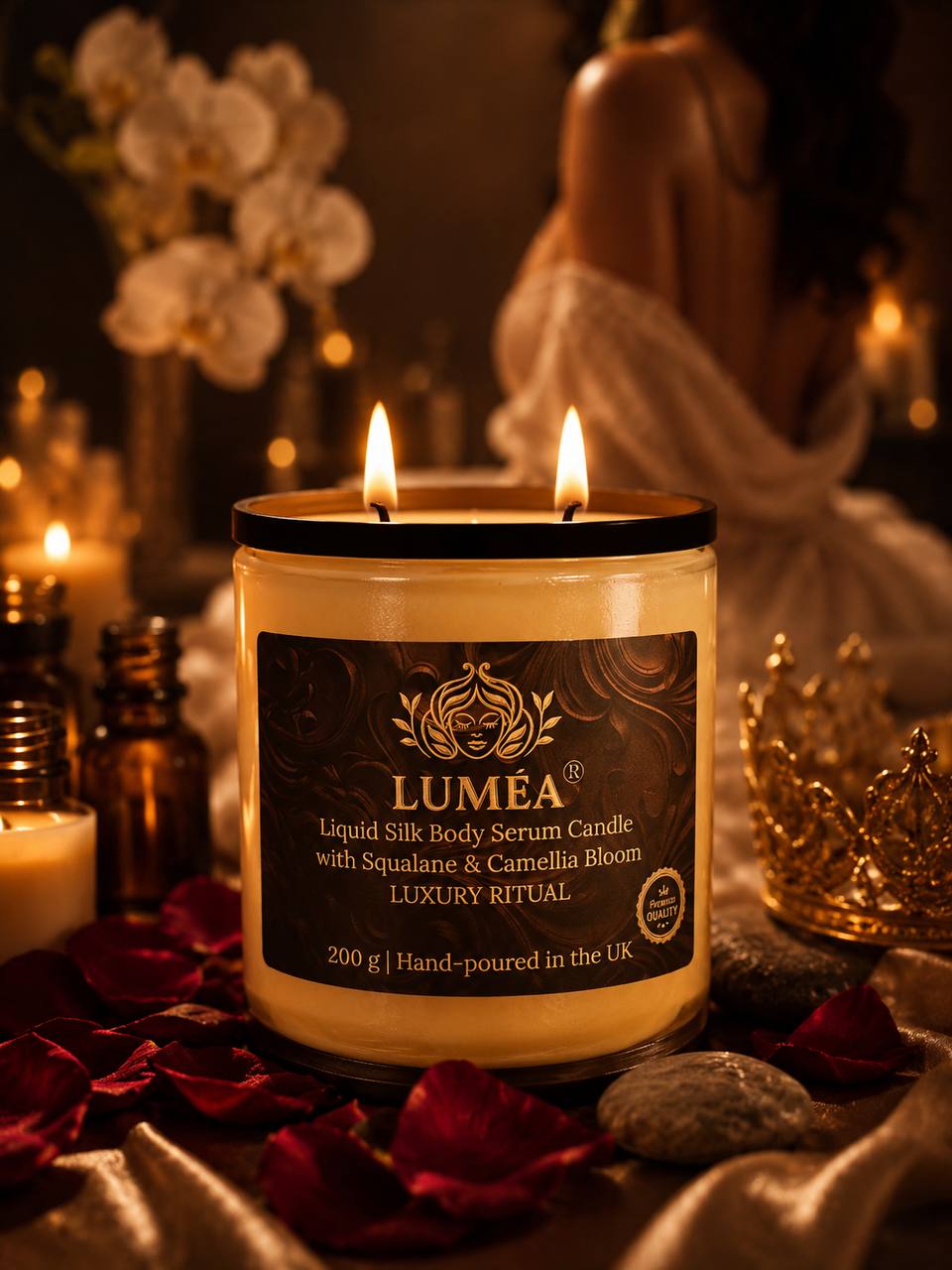 LUMÉA Liquid Silk Body Serum Candle with squalane and camellia bloom for luxury massage, spa ritual and glowing skin
