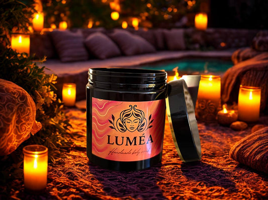 LUMÉA Black Amber Dead Sea salt body scrub jar with natural oils