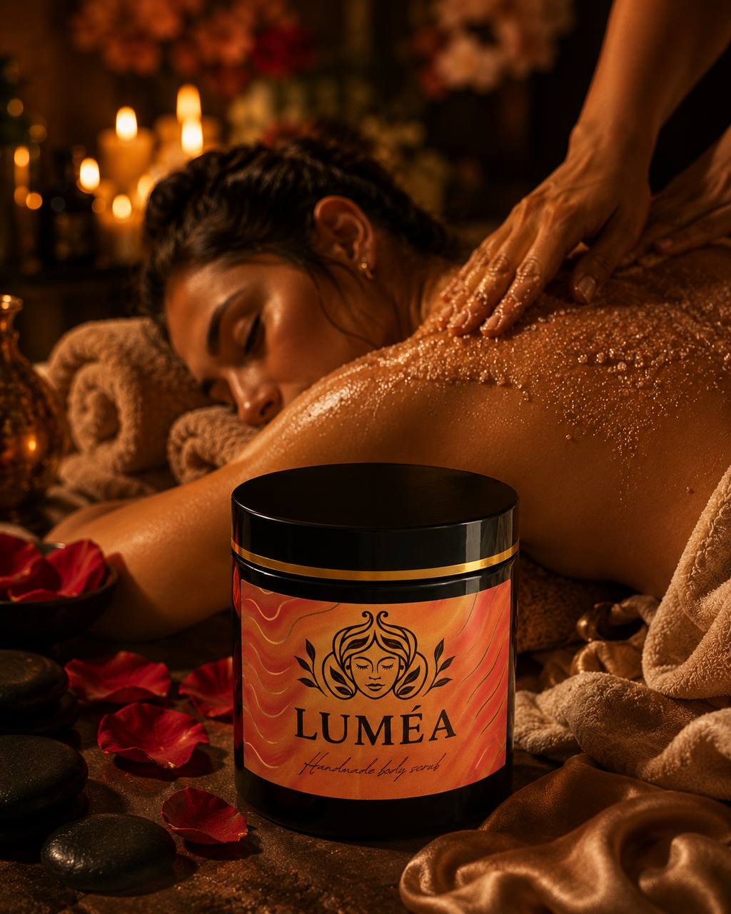 Luxury handmade body scrub by LUMÉA London in a spa exfoliating body care ritual with candlelight, rose petals and massage stones