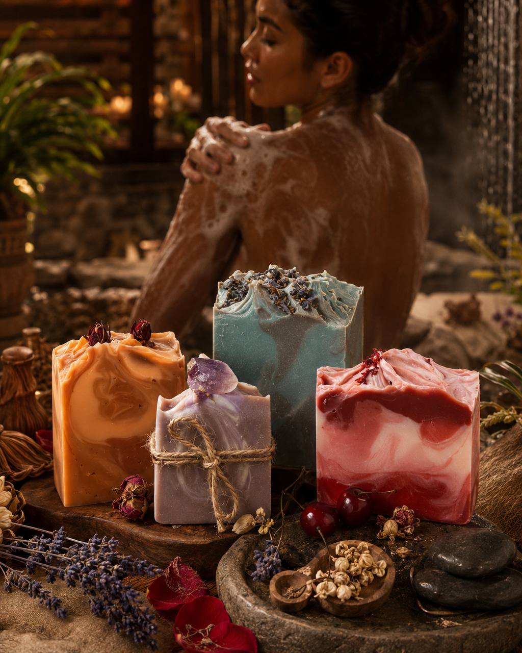 LUMÉA London luxury handmade soap bars for natural body care in a spa shower ritual with rich foam, botanicals, wood and stone