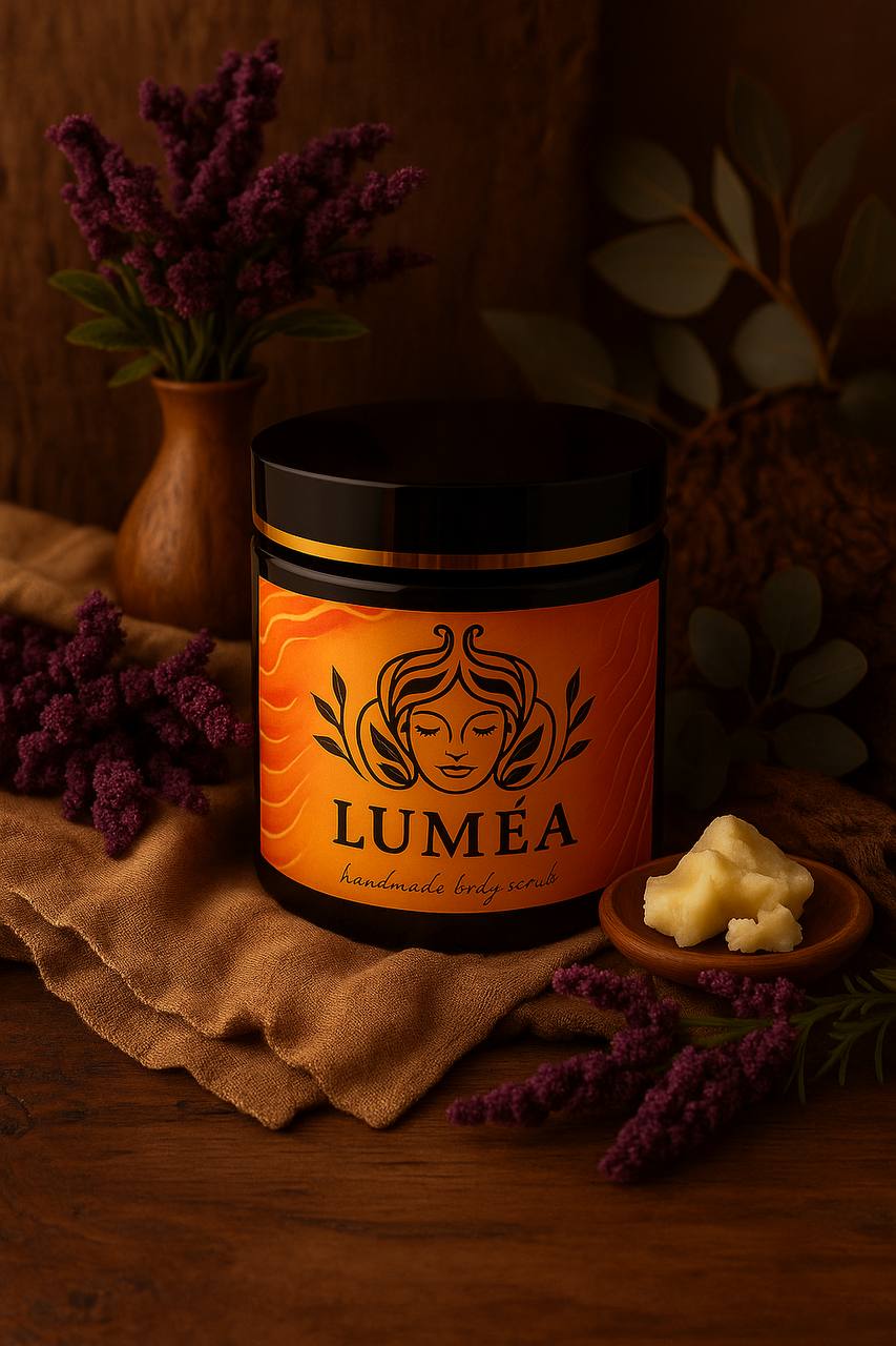 Experience the luxury of LUMÉA Black Amber, a handmade Dead Sea salt body scrub crafted with care for soft, radiant skin. Each jar blends mineral-rich salt with shea butter, coconut, and jojoba oils to gently exfoliate, hydrate, and nourish. 