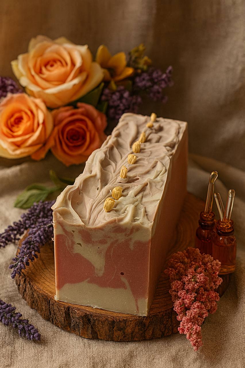Handcrafted artisan soap Dragon Blood loaf by LUMÉA London placed on a wooden board with linen fabric, dried flowers, and botanical oils in a luxury boho styling.