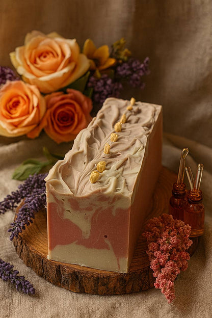 Handcrafted artisan soap Dragon Blood loaf by LUMÉA London placed on a wooden board with linen fabric, dried flowers, and botanical oils in a luxury boho styling.