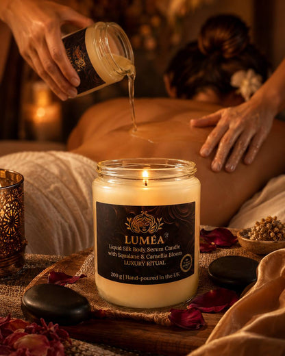 LUMÉA Liquid Silk Body Serum Candle used as warm massage oil for luxury spa body treatment with squalane and camellia bloom