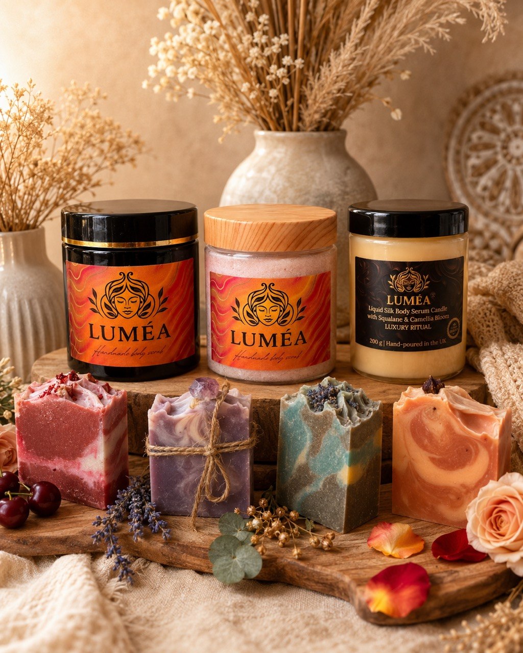 LUMÉA London handmade body scrubs, natural soap bars and Liquid Silk massage candle in a luxury boho spa setting with dried flowers