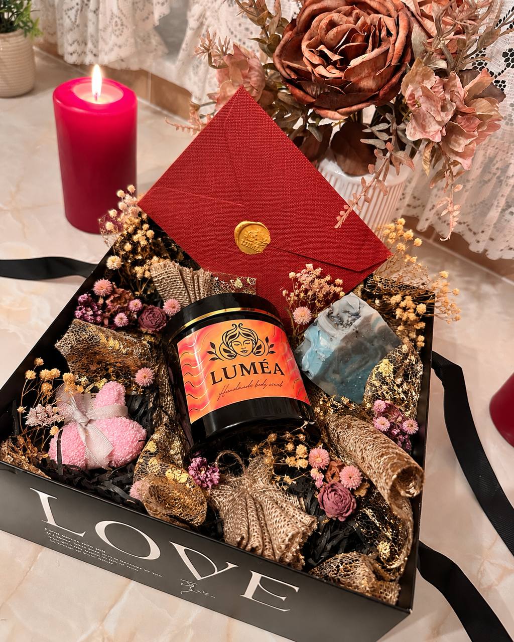 LUMÉA London skincare gift set for her with handmade body scrub and artisan soap in a black gift box, beautifully presented as a thoughtful gift for wife, girlfriend or birthday