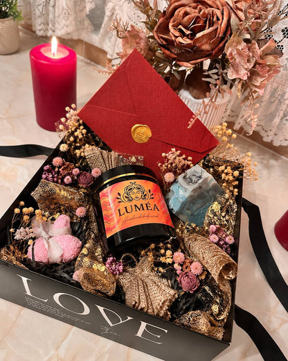 LUMÉA London skincare gift set for her with handmade body scrub and artisan soap in a black gift box, beautifully presented as a thoughtful gift for wife, girlfriend or birthday