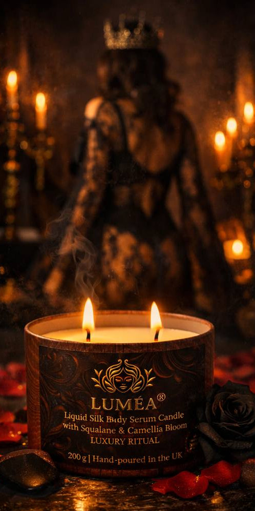 LUMÉA OBSIDIA massage oil candle burning in a dark romantic setting with soft golden light.