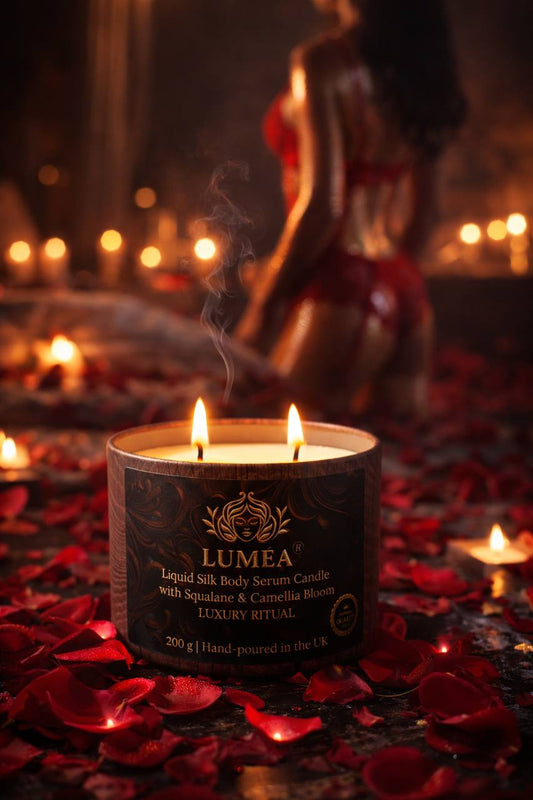 LUMÉA OBSIDIA lit massage candle surrounded by rose petals in a warm candlelit setting, soft silhouette in the background.