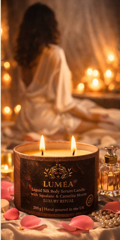 LUMÉA OBSIDIA massage candle in luxury gift packaging with branded label and wax-seal details.