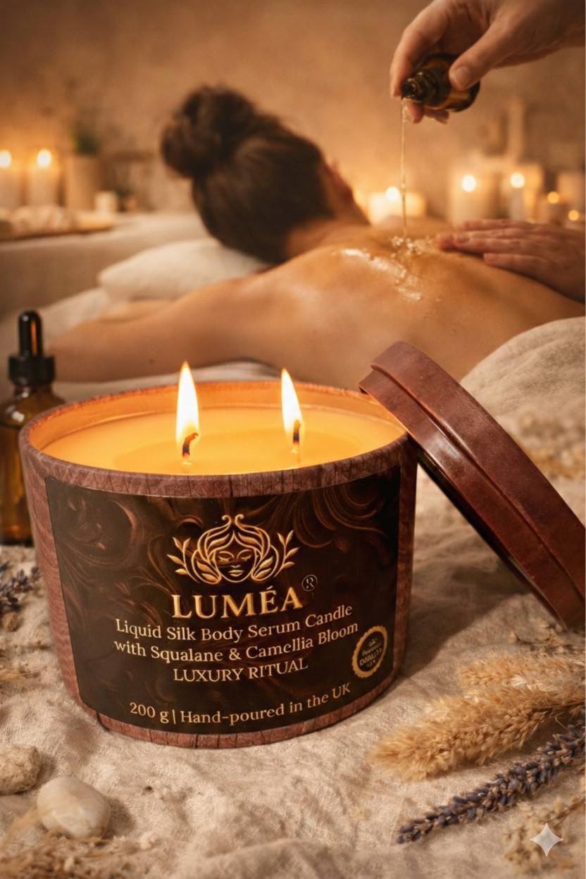 Hands applying warm oil from LUMÉA OBSIDIA massage candle to skin for a satin finish.