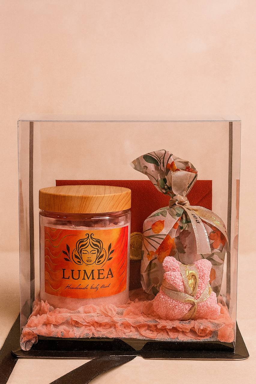  luxury handmade gift set with scrub and artisan soap in premium clear box