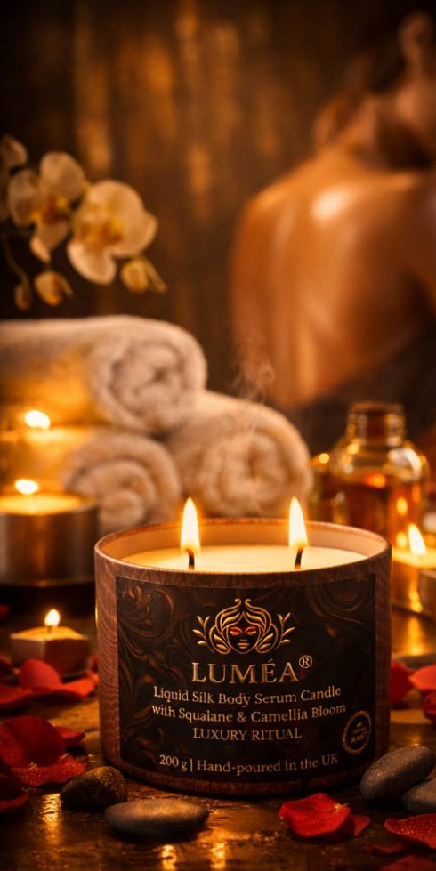 LUMÉA candle with lit wicks on a wooden surface with flowers and candles in the background.