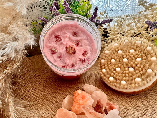 LUMÉA natural handmade body scrub with coconut & jojoba oils and shea butter, exfoliating texture, dried botanicals, Himalayan salt crystals and body brush for luxury spa skincare