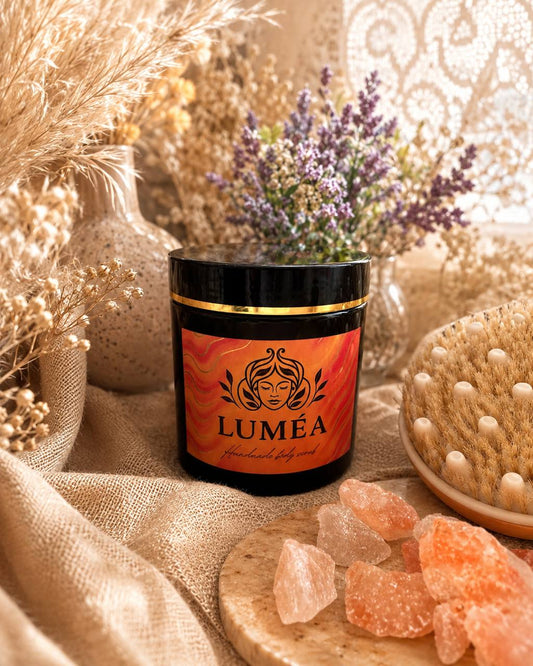 Luméa natural handmade body scrub luxury black jar with Himalayan pink salt and lavender — organic skincare product boho aesthetic