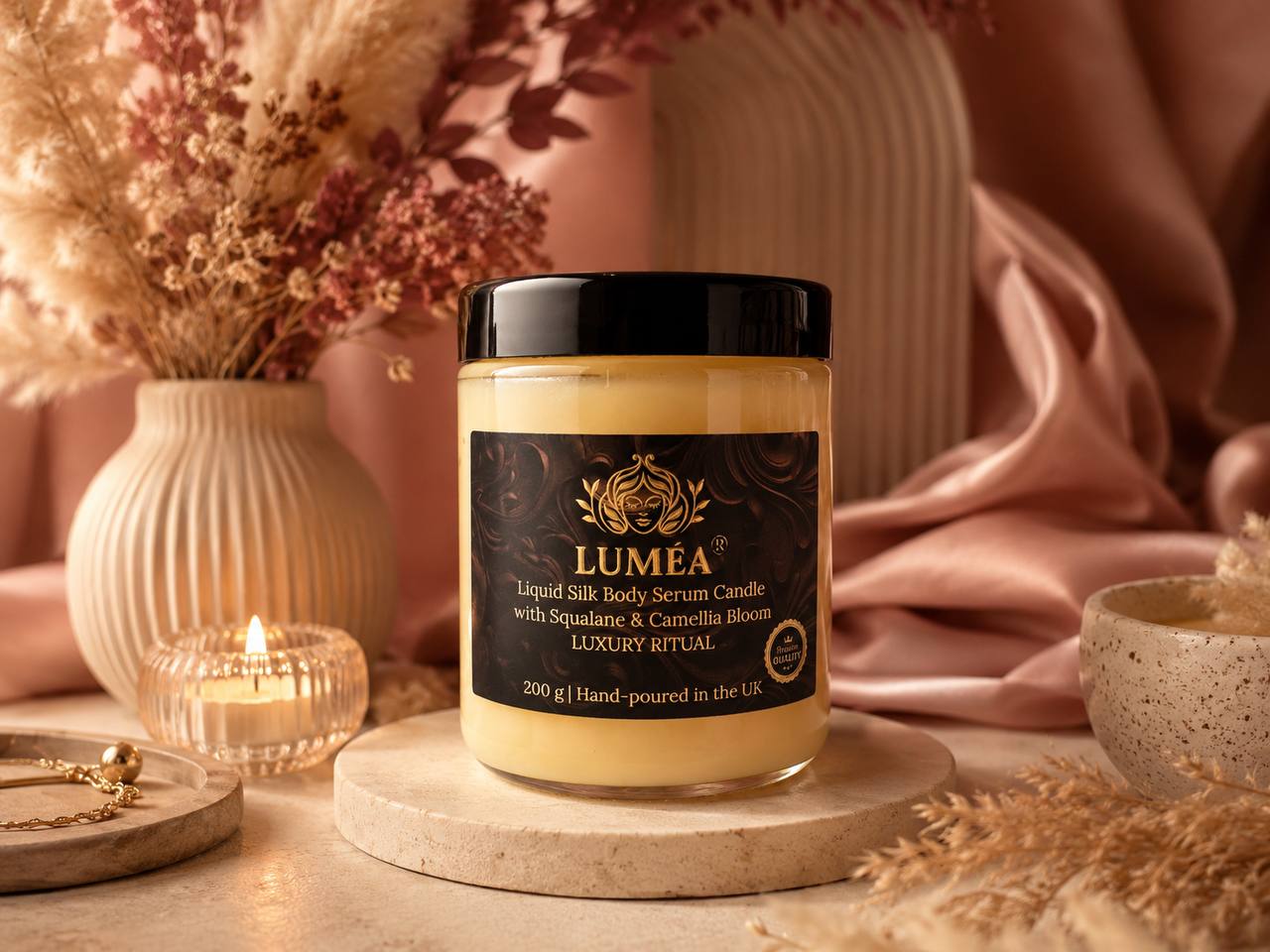 Luxury LUMÉA body serum massage candle with squalane and camellia bloom, displayed in a warm spa-inspired boho setting with soft candlelight and dried flowers.
