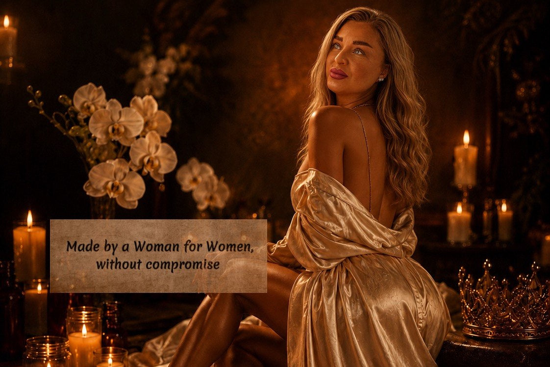 Luxury women’s skincare and self-care brand image with a woman in a gold satin robe, warm candlelight, orchids and empowering message “Made by a Woman for Women, without compromise”.