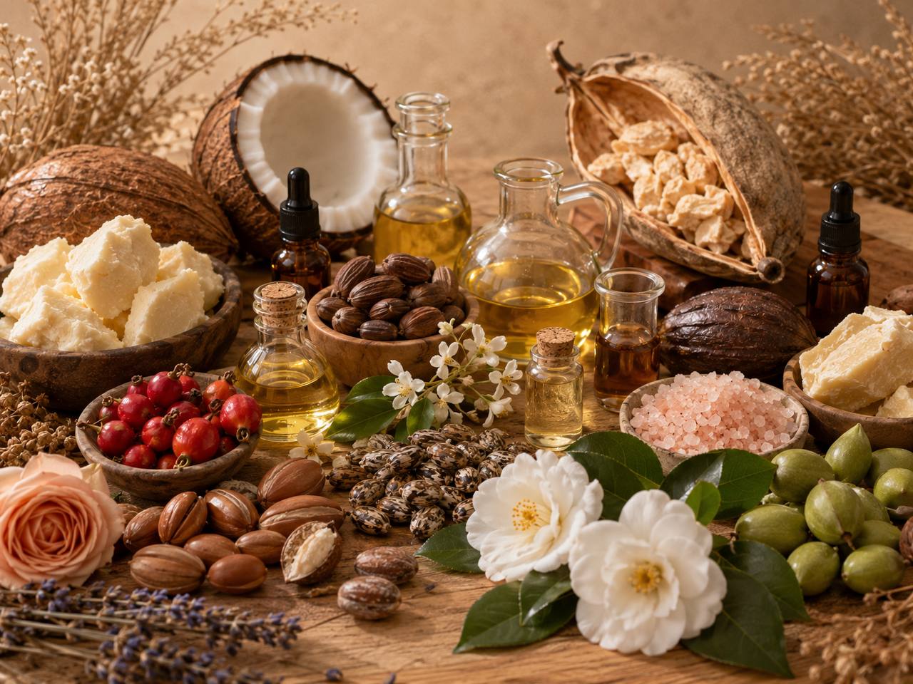 Natural skincare ingredients on a rustic wooden table including shea butter, coconut, jojoba, baobab, castor, rosehip, camellia, meadowfoam, argan, cocoa butter, tamanu, Dead Sea pink salt and essential oils by LUMÉA London