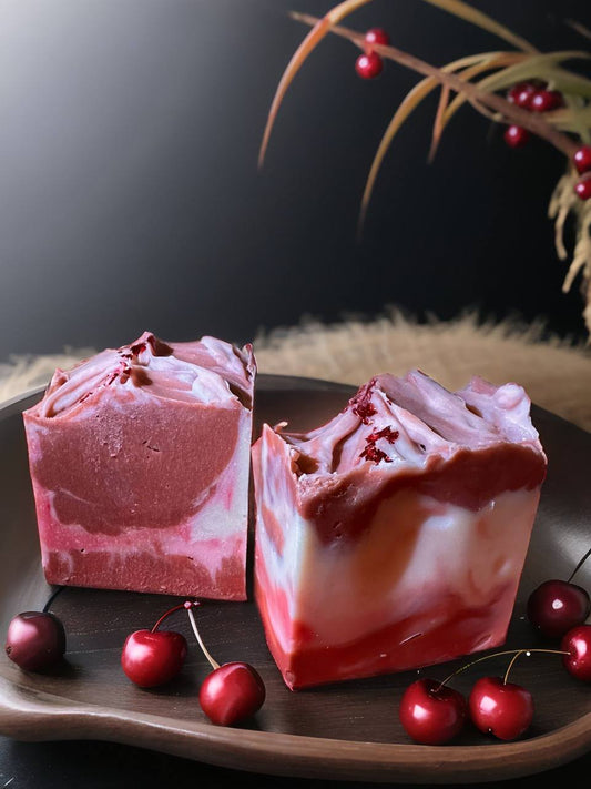LUMÉA London Black Cherry & Coconut artisan soap with shea butter, jojoba and luxury oils, pink-white swirls