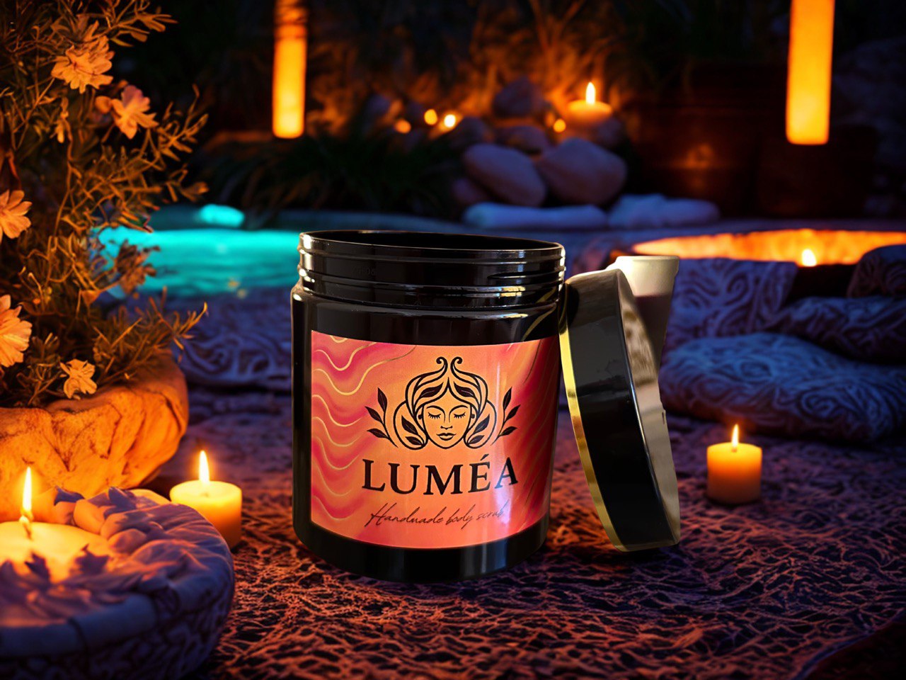 LUMÉA natural scrub jar with Dead Sea salts, surrounded by candles and spa decor, promoting organic skincare and relaxation.