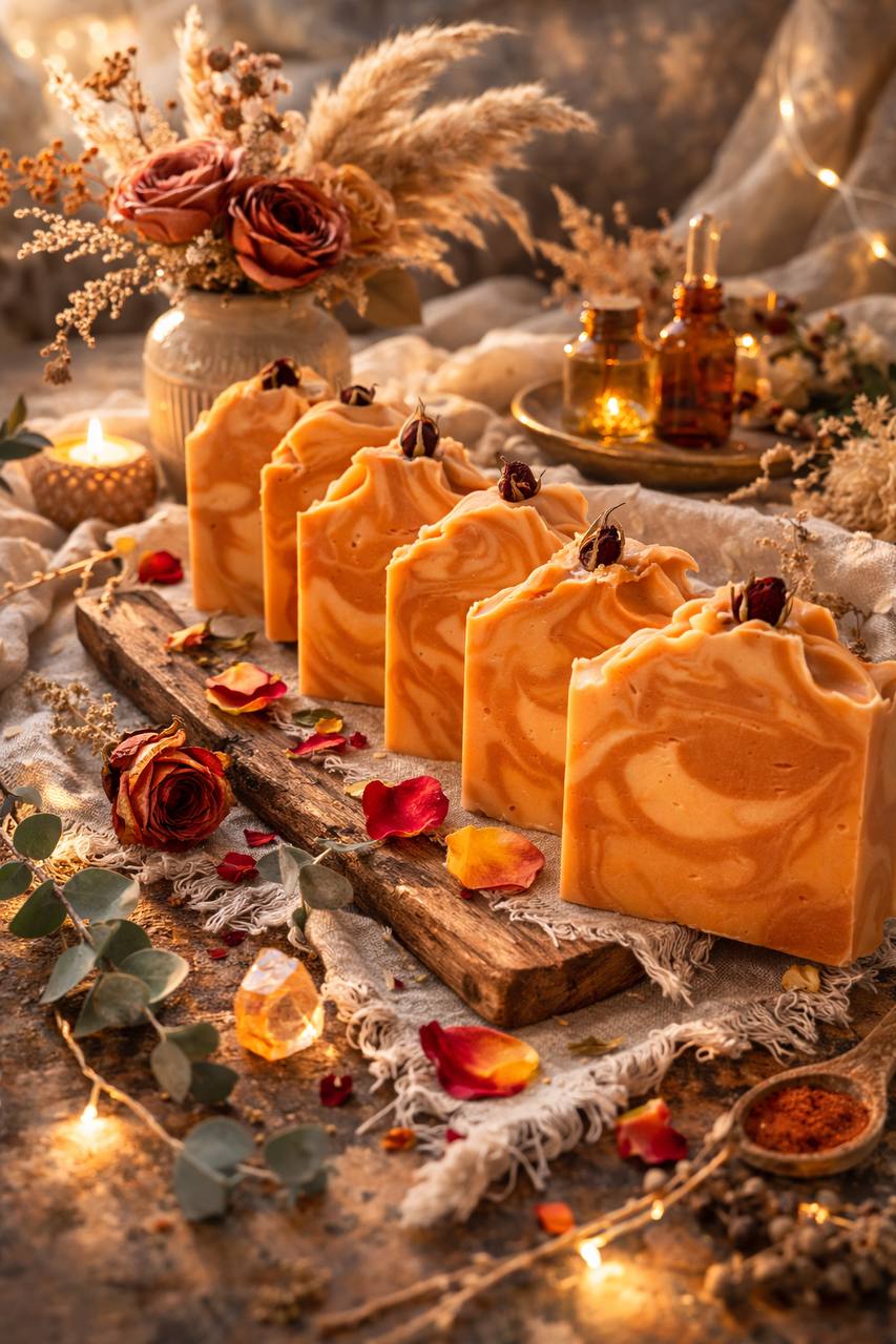  Sandalwood soap bar in a boho spa setting – luxury cold process soap with a creamy swirl finish, styled with pampas grass and amber glass bottles.