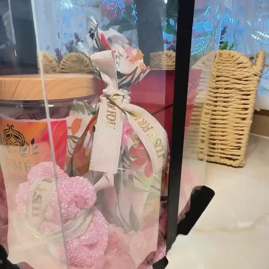 bespoke women’s luxury skincare gift set with florals and satin ribbon