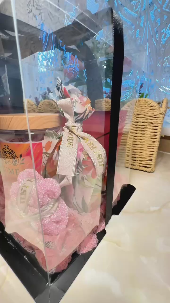 bespoke women’s luxury skincare gift set with florals and satin ribbon